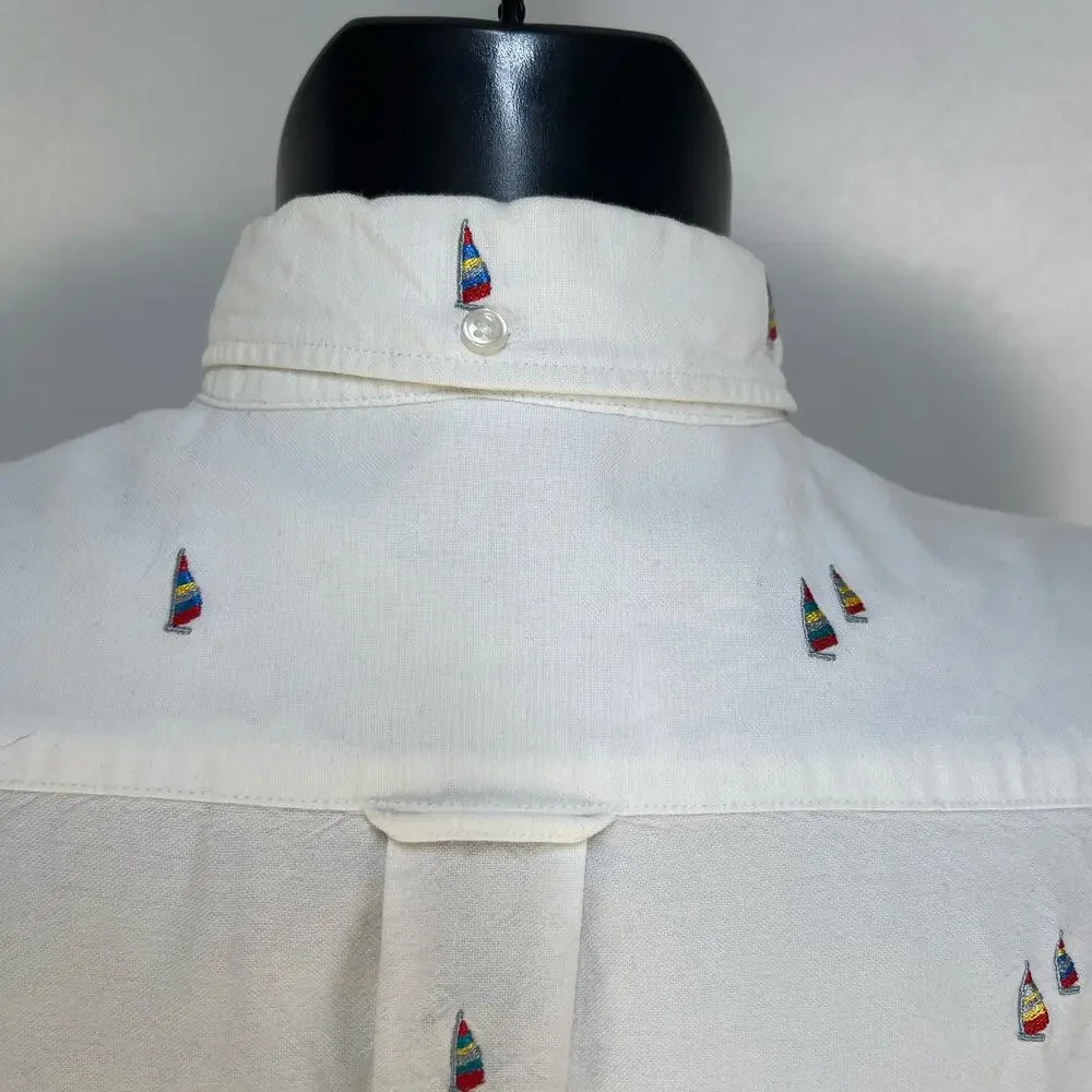 J. Crew Oxford White Embroidered Sailboat Button Down Slim Shirt Cotton